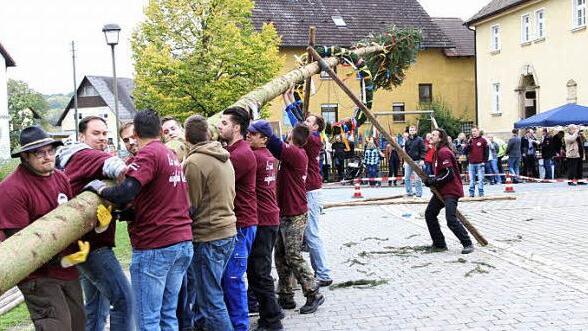 Auch der kleinere Baum bereitete den Kerwasburschen einige Mühe.  Foto: Mathias Erlwein