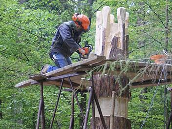 Bevor der Ebelsbacher Rudolf Schneidmadel an die Arbeit gehen konnte, brauchte er ein Gerüst mit Arbeitspodest - jetzt setzt er seine Vorstellung einer Steigerwald-Sage um. Fotos: Sabine Weinbeer