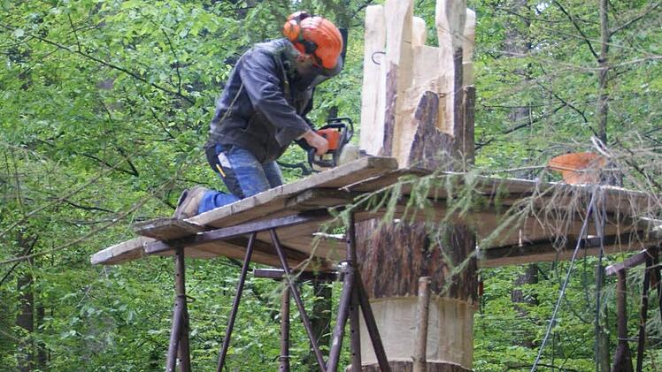 Bevor der Ebelsbacher Rudolf Schneidmadel an die Arbeit gehen konnte, brauchte er ein Gerüst mit Arbeitspodest - jetzt setzt er seine Vorstellung einer Steigerwald-Sage um. Fotos: Sabine Weinbeer