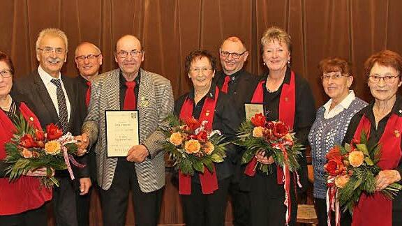 Ehrungen beim Gesangverein Großheirath-Buchenrod, im Bild von links Heidemarie Buff, Günter Freitag als Vorsitzender der Fränkischen Sängergruppe, Gerold Hümmer als Vereinsvorsitzender, Horst Angermüller, Friedlinde Dinkel, Chorleiter Thomas Günther, Ute Heyn, Gruppenvorsitzende Edeltraud Obermüller und Karin Brehm  Foto: Michael Stelzner