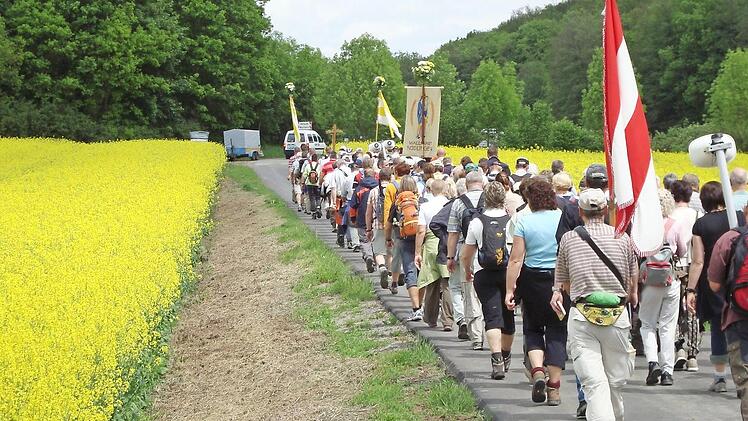 Durch Rapsfelder auf dem Weg nach Vierzehnheiligen: Nüdlinger Wallfahrer Foto: Archiv/Arthur Stollberger