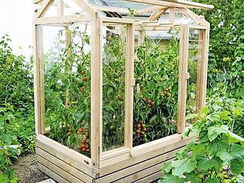 Bei diesem Kleingewächshaus bleibt der Gärtner draußen. Der Mittelgang fehlt, dadurch ist dieser Gewächshaus-Typ mindestens 1,5 Quadratmeter kleiner als gängige Typen. Aufgrund der Bedienbarkeit von außen kann es komplett geöffnet werden.  Foto: HLC