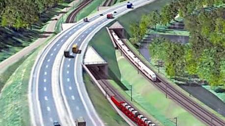 Später führen zwei Gleis-Unterführungen unter der A 73 bei Breitengüßbach hindurch. Derzeit laufen die Arbeiten am Tunneldurchstoß für die ICE-Trasse (rechts im Bild). Illustration: Deutsche Bahn