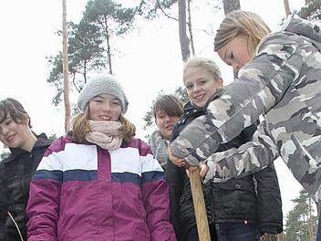 Die Schüler der siebten Klasse waren von der Aktion begeistert. Mit Hilfe von sogenannten Hohlspaten gruben sie die Löcher für die jungen Setzlinge.  Fotos: Michael Busch