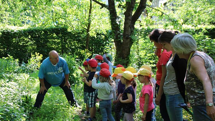 Umweltreferent Klaus Schebler erläutert den Kindern die Funktion einer Bienenweide. Thomas Malz