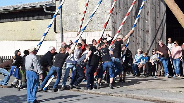 Mit der Hilfe von ein paar erfahrenen Aufstellern brachten die Burschen den Baum schnell in die Senkrechte. Foto: Sabrina Ruhmann