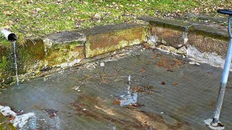 Schon auf den ersten Blick wird deutlich, dass die beliebte Kneippanlage bei Ebersbach nicht benutzbar ist. Der starke Frost hat ganze Arbeit geleistet, der Sandstein bröselt, das Becken ist undicht. Es wird dauern, bis hier wieder gekneippt werden kann. Foto: Klaus-Peter Wulf