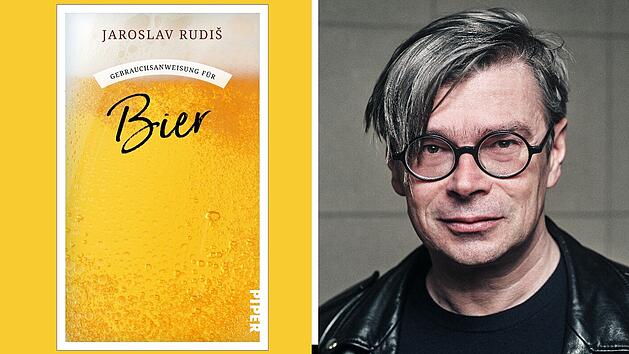Das Bild zeigt das Buchcover "Gebrauchsanweisung f&uuml;r Bier" von Jaroslav Rudi&scaron; neben einem Portr&auml;tfoto eines Mannes mit Brille und Lederjacke.