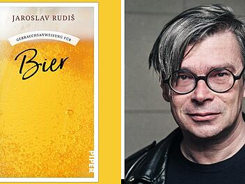 Das Bild zeigt das Buchcover "Gebrauchsanweisung f&uuml;r Bier" von Jaroslav Rudi&scaron; neben einem Portr&auml;tfoto eines Mannes mit Brille und Lederjacke.