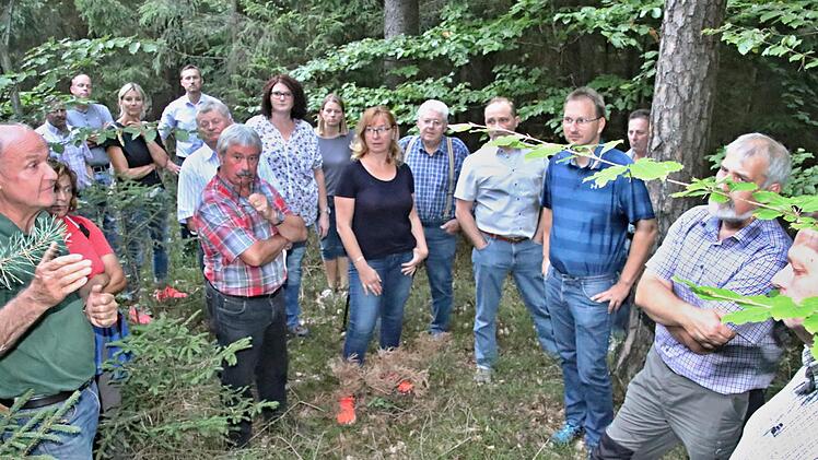 Beim Waldbegang der Marktgemeinde Maroldsweisach im Forst bei Altenstein informierten Forstamtsrat Wolfgang Meiners (links) und Forstoberrat Jürgen Hahn (Zweiter von rechts) fachkundig Bürgermeister Wolfram Thein (vorne, Dritter von rechts) und zahlreiche Mitglieder des Gemeinderates.Helmut Will