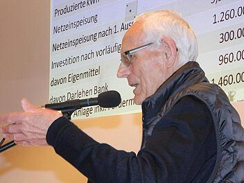 Günter Köth erläuterte in der Info-Veranstaltung der Raiffeisen-Energiegenossenschaft die Pläne für den Bau der Freiflächen-Photovoltaikanlage auf der ehemaligen Bauschutt-Deponie. Foto: Britz