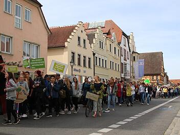 Der lange Protestmarsch, an dem Schüler und Erwachsene teilnahmen, startete in Haßfurt am unteren Tor und zog über das obere Tor schließlich zum Marktplatz.  Fotos: Jutta Rudel
