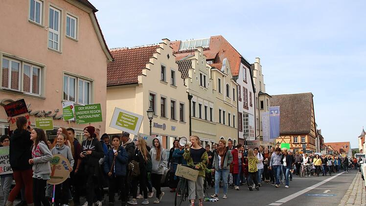Der lange Protestmarsch, an dem Schüler und Erwachsene teilnahmen, startete in Haßfurt am unteren Tor und zog über das obere Tor schließlich zum Marktplatz.  Fotos: Jutta Rudel