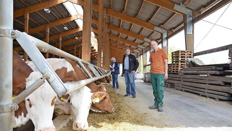 Die Tiere im Stall müssen auch versorgt werden, sollte Covid 19 auf den Hof kommen - eine Schreckensvision, die sich die Familie Schneider für ihren Betrieb gar nicht vorstellen mag (von links): Hans Rebelein, Martin Flohrschütz und Tobias Schneider. Foto: Rainer Lutz