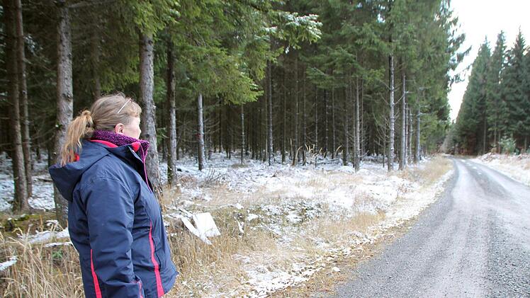 Elke Müller von der Initiative Pro Sinntal zeigt das Waldgebiet Roßbacher Forst. Foto: Julia Raab