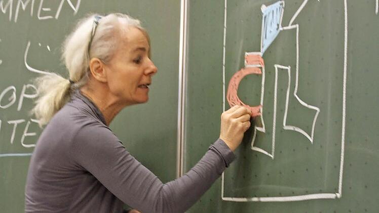 Ursula Beck erklärt abstrakte Kunst anhand eines Tafelbildes.  Foto: Robert Huger