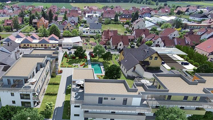 Die Fotomontages zeigt, wie Pettstadt mit Begegnungsstätte aussehen würde.  Fotomontage: Tschopoff | Grafik & Layout