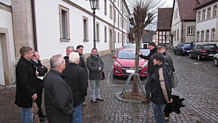 Deutliche Schäden sind am Stamm dieser und weiterer elf "Kugelrobinien" in der Rittergasse und im Finanzamtshof zu erkennen, wie hier Bauamtsleiter Martin Lang (hinten rechts) Bürgermeister Jürgen Hennemann (5. von links) und den Mitgliedern des Bauausschusses erläuterte.  Foto: Helmut Will