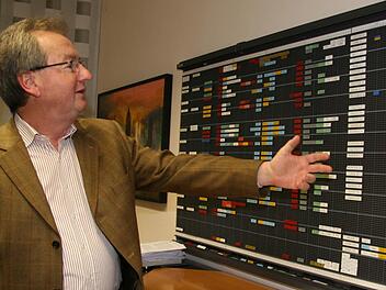 Die Einteilung der insgesamt 24 Kolonnen plant Geschäftsführer Klaus Rubenbauer noch immer nach traditioneller Art an der Pinwand. "Es gibt zwar auch Computerprogramme, aber ich sehe lieber, wer wo wann ist", stellt er fest. Foto: Sonja Adam