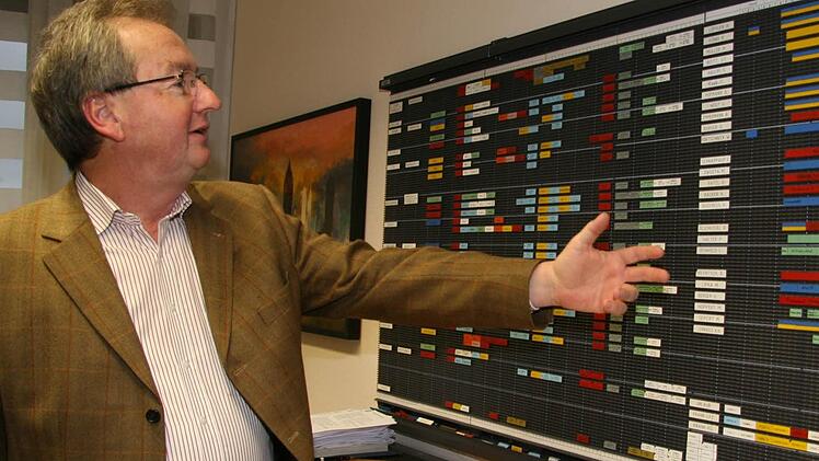 Die Einteilung der insgesamt 24 Kolonnen plant Geschäftsführer Klaus Rubenbauer noch immer nach traditioneller Art an der Pinwand. "Es gibt zwar auch Computerprogramme, aber ich sehe lieber, wer wo wann ist", stellt er fest. Foto: Sonja Adam