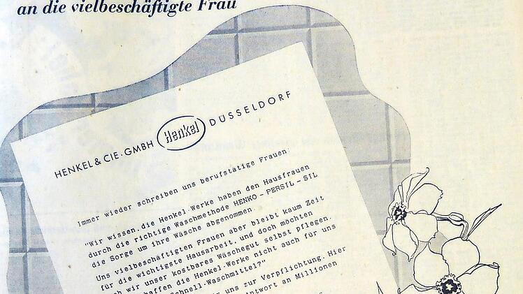 Die Waschmittelanzeige aus dem Jahr 1955 verdeutlicht die Fixierung der "vielbeschäftigten" Frau in Beruf und Haushalt  Quelle: Fränkischer Tag vom 22. Januar 1955, Repro: Manfred Franze
