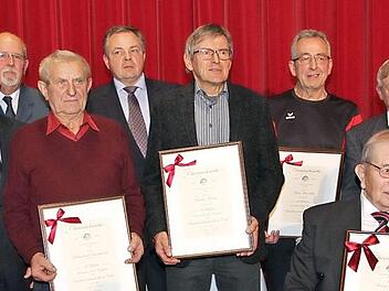 Die mit der goldenen Bürgermedaille ausgezeichneten Personen mit den drei Bürgermeistern Claus Schwarzmann, Georg Eismann und Günter Honeck. Foto: Erlwein
