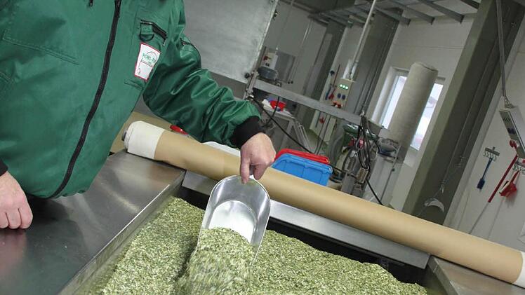 Jens Mette überprüft den getrockneten und kleingeschnittenen Lauch.