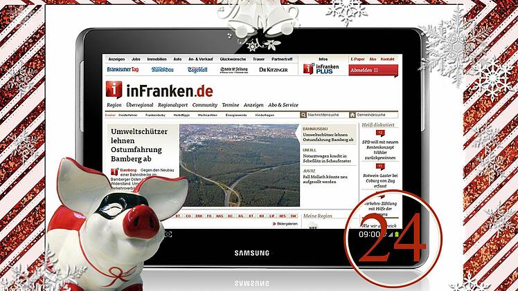 Finden Sie alle sechs Schweinchen und posten Sie die Überschriften der Beiträge, in denen Sie die Frankensau entdeckt haben, als Kommentar unter unserem Adventskalender-Artikel. Wer uns alle sechs Artikel richtig nennen kann und uns darüber hinaus verrät, was dieses Jahr unter Ihrem Weihnachtsbaum lag bzw. was Sie Ihren Lieben zu Weihnachten schenken werden, kommt mit in den Lostopf. Das 24. Türchen schließt sich erst am 26.12. um 20 Uhr. Zu gewinnen gibt es ein nagelneues Samsung Galaxy Tabl...