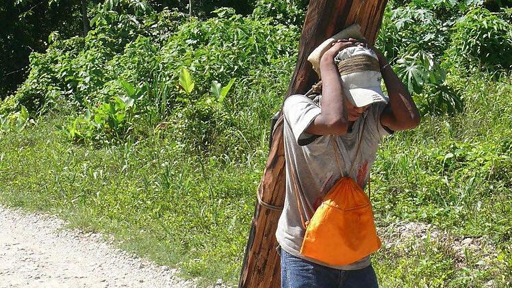 Wie zur Zeiten der Mayas trägt dieser Mann in Guatemala einen schweren Baumstamm mittels einer Stirnbinde.