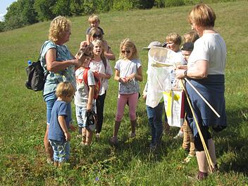 Erika Morshäuser          (links) und Susanne Wasserbauer fingen mit den Kindern Insekten auf dem Rudelberg.  Foto: Oswald Türbl