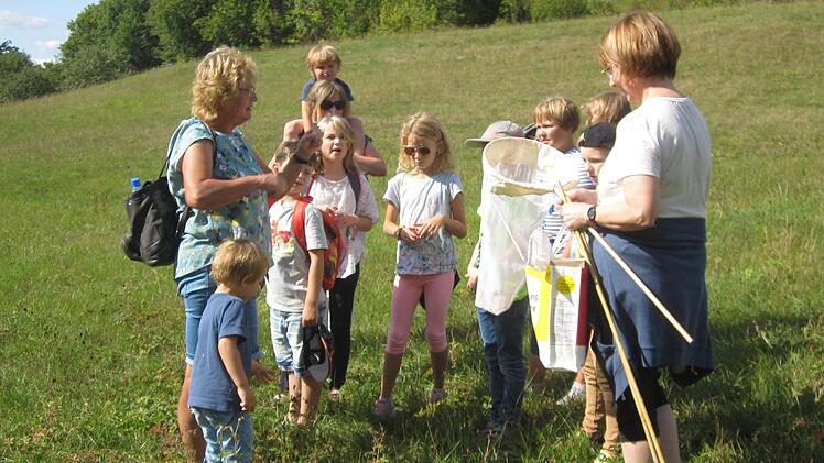 Erika Morshäuser          (links) und Susanne Wasserbauer fingen mit den Kindern Insekten auf dem Rudelberg.  Foto: Oswald Türbl