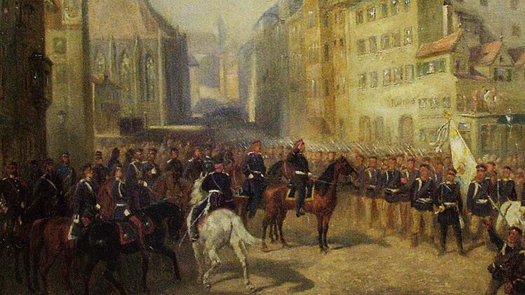 Das Ölgemälde von Louis Braun von 1866 zeigt den Vorbeimarsch der preußischen Truppen am Schönen Brunnen in Nürnberg.  Repro: R. Löwisch