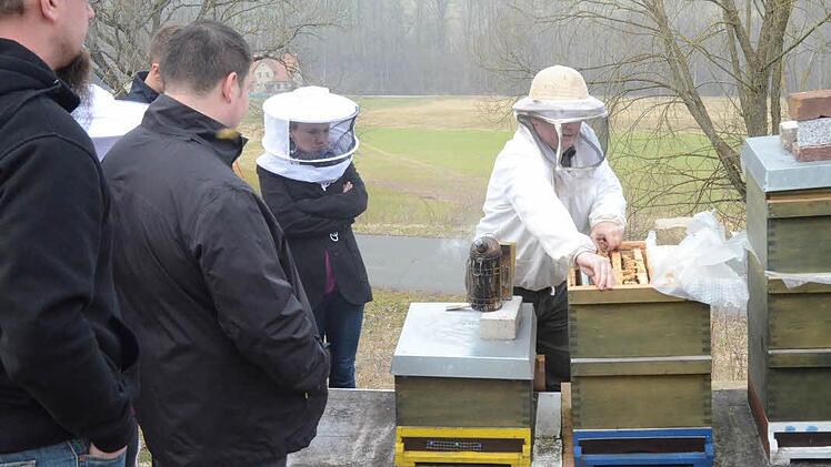 Reimund Schuberth nimmt eine mit Bienen besetzte Wabe heraus, um den Teilnehmern einen Blick in die Welt der Bienen zu gewähren. Foto: Karl-Heinz Hofmann