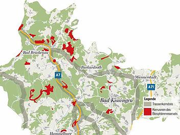 Die schraffierten Linien zeigen die Trassenkorridore. Grafik: Franziska Schäfer, Quelle: Landratsamt Bad Kissingen