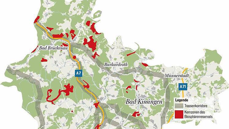 Die schraffierten Linien zeigen die Trassenkorridore. Grafik: Franziska Schäfer, Quelle: Landratsamt Bad Kissingen
