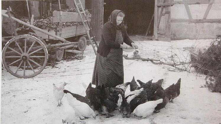 Eine Bäuerin, die ihre Hühner füttert. Foto: Josef Hofbauer