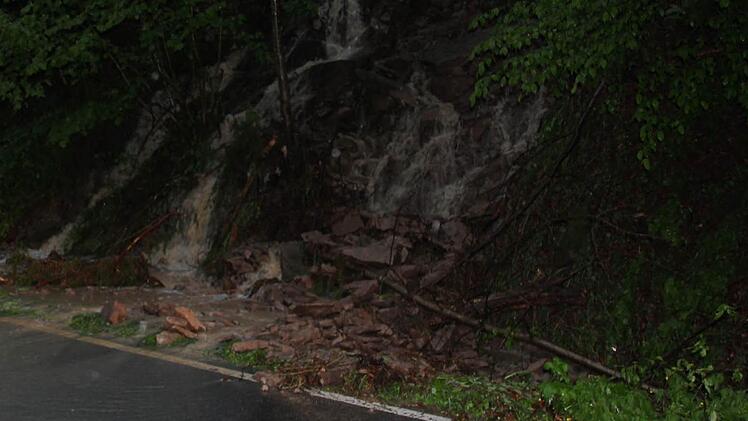 Waldspülung: Viele kleine Holzteile landeten auf den Fahrbahnen, hier bei Köslau.