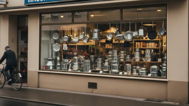 Außenansicht eines Haushaltswarenladens in einer Kleinstadt. Im Schaufenster sind unter anderem Töpfe, Pfannen und Kuchenformen zu sehen.