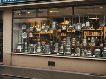 Außenansicht eines Haushaltswarenladens in einer Kleinstadt. Im Schaufenster sind unter anderem Töpfe, Pfannen und Kuchenformen zu sehen.