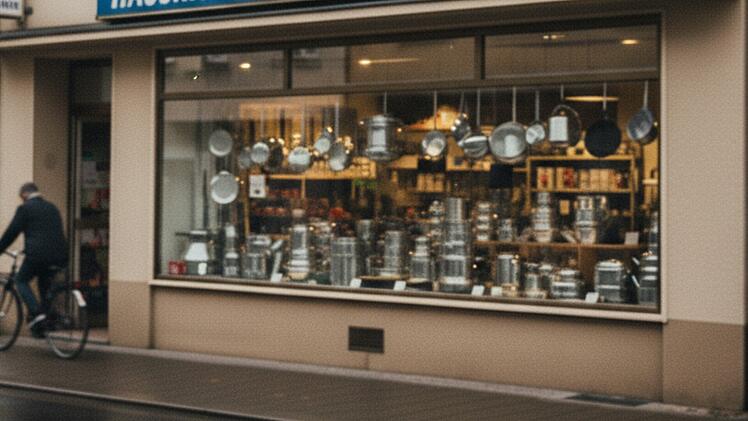 Außenansicht eines Haushaltswarenladens in einer Kleinstadt. Im Schaufenster sind unter anderem Töpfe, Pfannen und Kuchenformen zu sehen.