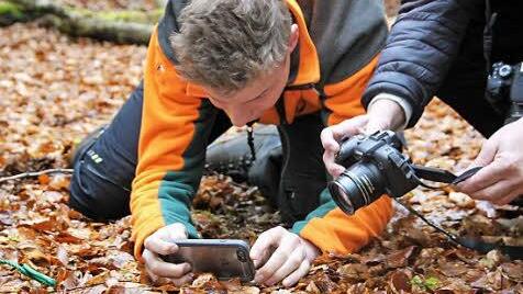 Für ein öffentlichkeitswirksames Fotoshooting haben die Berliner Forscher am Vorabend einen Feuersalamander eingefangen. Am Mittwoch (27. April) wurde er wieder freigesetzt, die Fotografen (im Bild Maximilian Stange, Forstamtmitarbeiter) freute das. Fotos: Andreas Lösch