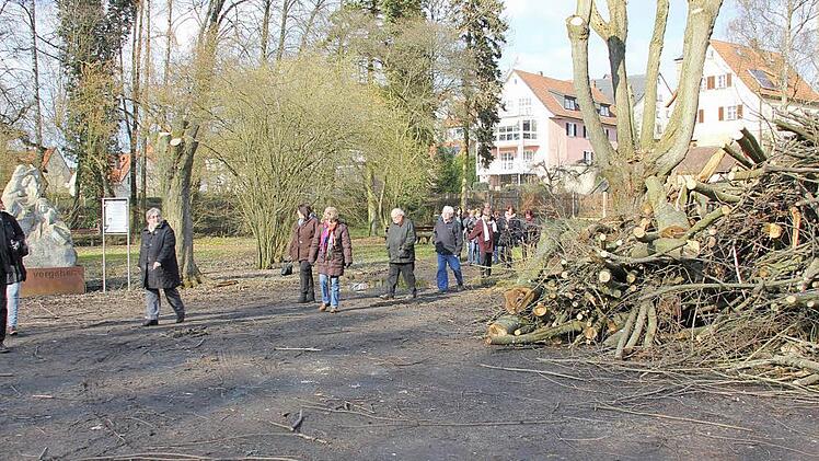 Wie auf einem Schlachtfeld? Die FU-Gruppe mit Bürgermeister Jürgen Hennemann in der Karl Hoch-Anlage. Foto: Ralf Kestel