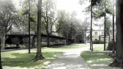 Siegerentwurf mit dem Neubau vom Hofgarten her gesehen. Das Grab von Richard und Cosima Wagner liegt rechts auf der Sichtachse von der Mitte der Villa Wahnfried aus.