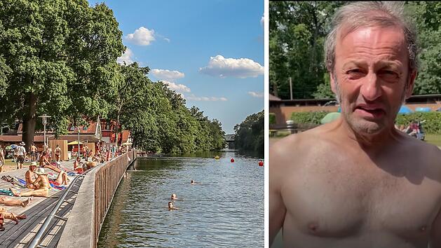 Menschen entspannen sich an der Hainbadestelle in Bamberg. Rechts ist ein Mann, der ein Video &uuml;ber seinen Besuch macht.