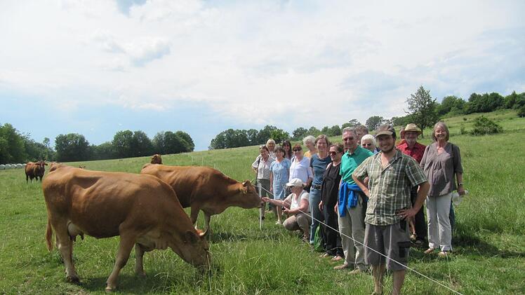 13 Rinder der Rasse "Fr&auml;nkisches Gelbvieh" sind nicht auf Hochleistung gez&uuml;chtet, grasen mit einem gro&szlig;en Auslauf friedlich auf der Weide und d&uuml;rfen ihre H&ouml;rner behalten. Auf dem Patersberghof  bem&uuml;he man sich besonders, allen Nutztieren ihrem Wesen gem&auml;&szlig;e sehr gute Lebensumst&auml;nde zu schaffen, was Betriebsleiter Christian Jundt (vorne) bei der Exkursion des Bund Naturschutz betonte.privat