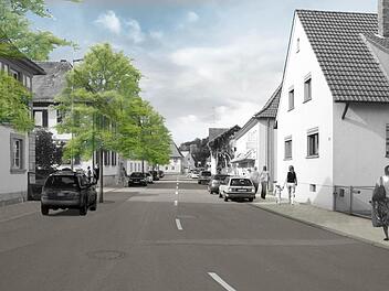 So soll die Ortsdurchfahrt von Litzendorf künftig aussehen: Eine Baumzeile und breite Gehsteige mit Pflasterstreifen reduzieren die Breite der Fahrbahn optisch.  Grafik: Jürgen Huber