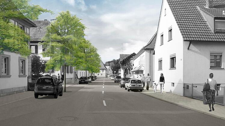 So soll die Ortsdurchfahrt von Litzendorf künftig aussehen: Eine Baumzeile und breite Gehsteige mit Pflasterstreifen reduzieren die Breite der Fahrbahn optisch.  Grafik: Jürgen Huber