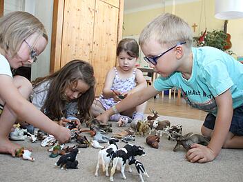 Hanna, Enna, Therese und Jakob (von links) freuen sich über die Schleich-Tierchen, die der Kindergarten St. Stephan in Bamberg über die Spenden-App erhalten hat. Foto: Sebastian Martin