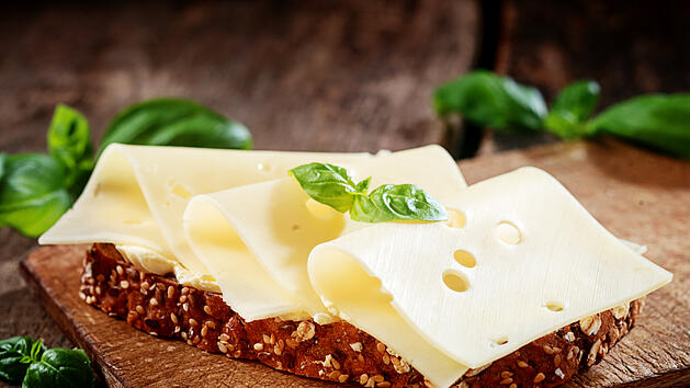 Wer zu viel K&auml;se isst, kann unter Umst&auml;nden Herz-Kreislauf-Erkrankungen beg&uuml;nstigen. Auf dem Bild ist ein K&auml;sebrot, garniert mit einem Basilikumblatt, zu sehen.