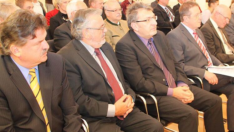 Landrat Klaus Peter Söllner, die Bezirksräte Klaus Förster und Wolfgang Hoderlein, OB Henry Schramm und Bezirkstagspräsident Günther Denzler (vorne, von links) erweisen Horst Zahr ihre Reverenz.